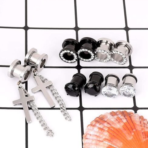 Beautidots 5 Pairs Ear Gauges CZ Diamond Plugs Tunnels Stainless Steel Dangle Cross Earring Expander Stretcher Piercing 2g-5/8 in Saudi Arabia