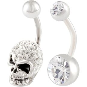bodyjewellery 2 pcs 14g 3/8 Inch 10mm Skull Crystal Belly Button Bar Ring Implant Grade Surgical Steel Navel Barbell Piercing in Kuwait