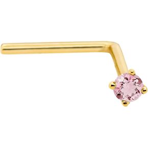 22G Solid 14Kt Gold L-Shape Nose Stud with real Pink Tourmaline Gemstone, 14kt Yellow Gold or 14kt White Gold Prong Setting - October Birthstone Nose Ring