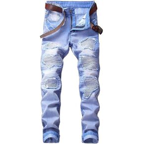 Men's Ripped Patch Biker Jeans Distressed Straight Leg Slim Fit Moto Jean Vintage Washed Destroyed Denim Pants in Saudi Arabia