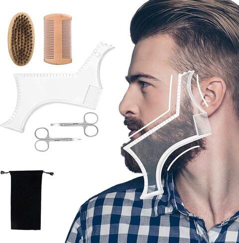 Beard Brush Grooming Kit, Wooden Comb, Shaping Tool, Mustache Trimming Scissors, Boar Bristle Brush, Beard Shaping Tools, Great Care Gifts for Men in Saudi Arabia