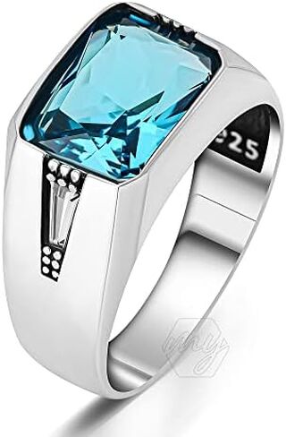 925 Sterling Silver Aquamarine Stone Turkish Men's Ring in Kuwait
