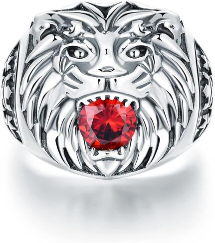 Pytali Lion Head Ring for Men Sterling Silver Ruby Ring Vintage Gothic Biker Roaring Lion Head Animal Rings Punk Lion Jewelry Gift for Men in Kuwait