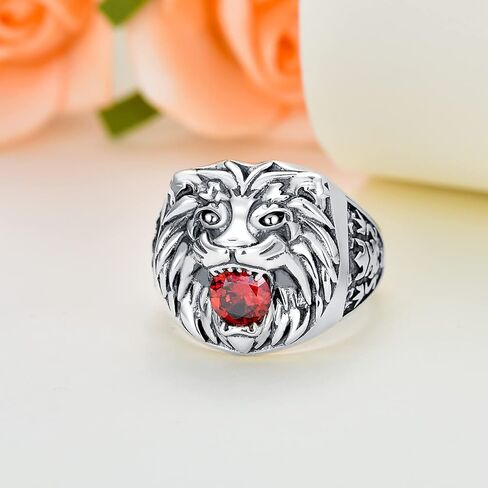 Pytali Lion Head Ring for Men Sterling Silver Ruby Ring Vintage Gothic Biker Roaring Lion Head Animal Rings Punk Lion Jewelry Gift for Men in Kuwait
