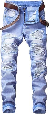 Men's Ripped Patch Biker Jeans Distressed Straight Leg Slim Fit Moto Jean Vintage Washed Destroyed Denim Pants in Saudi Arabia