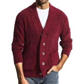 Surenow Mens Shawl Collar Cardigan Sweater Cable Knit Buttons Casual Sweater Fleece Long-Sleeve Chenille Sweater with Pockets