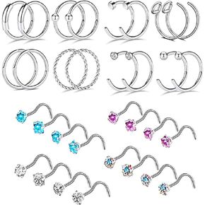 YOFANST 20G Nose Ring Hoop Septum Rings L-Shaped S-Shaped Nose Pin Studs Bone Tragus Cartilage Rings