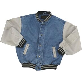 Washed Cotton- Vintage Denim Varsity Jacket with Khaki Sleeves in Kuwait