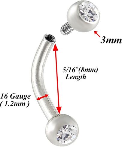 2pcs 16g Internal Thread Curved Barbell Cartilage Lip Tragus Eyebrow Helix Conch Stud Surgical Steel Crystal Stud Pick Size in Saudi Arabia