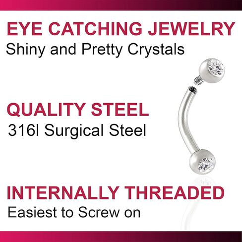 2pcs 16g Internal Thread Curved Barbell Cartilage Lip Tragus Eyebrow Helix Conch Stud Surgical Steel Crystal Stud Pick Size in Saudi Arabia