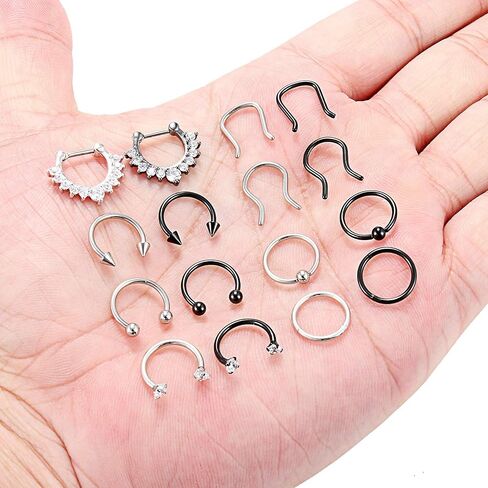 Ruifan 16G Horseshoe Circular Barbell and Nose Ear Daith Septum Clicker Ring with Clear CZ Gems 316L Surgical Steel 2-16PCS in Saudi Arabia