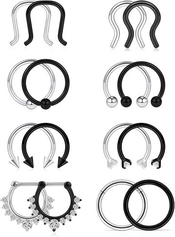 Ruifan 16G Horseshoe Circular Barbell and Nose Ear Daith Septum Clicker Ring with Clear CZ Gems 316L Surgical Steel 2-16PCS in Saudi Arabia