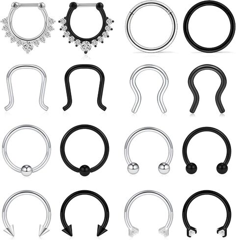 Ruifan 16G Horseshoe Circular Barbell and Nose Ear Daith Septum Clicker Ring with Clear CZ Gems 316L Surgical Steel 2-16PCS in Saudi Arabia