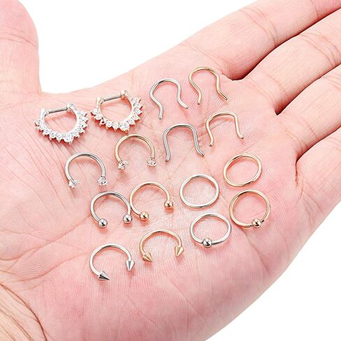 Ruifan 16G Horseshoe Circular Barbell and Nose Ear Daith Septum Clicker Ring with Clear CZ Gems 316L Surgical Steel 2-16PCS in Kuwait