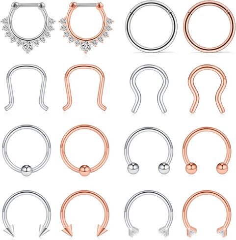 Ruifan 16G Horseshoe Circular Barbell and Nose Ear Daith Septum Clicker Ring with Clear CZ Gems 316L Surgical Steel 2-16PCS in Kuwait