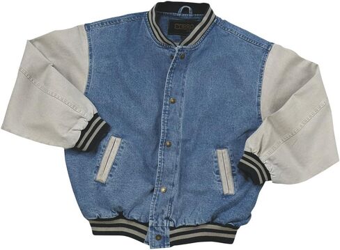 Washed Cotton- Vintage Denim Varsity Jacket with Khaki Sleeves in Kuwait