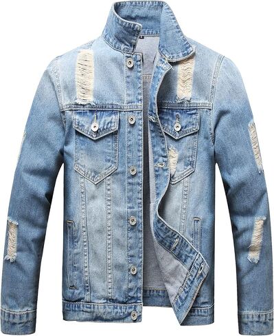 CHUNYEMEN Mens Ripped Jeans Jacket Fashion Slim Denim Jacket for Men in Saudi Arabia
