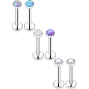 Yaalozei 6PCS Jeweled Opal CZ Internally Threaded 16G Stainless Steel Labret Monroe Lip Ring Cartilage Tragus Helix Earring Studs 6mm 8mm