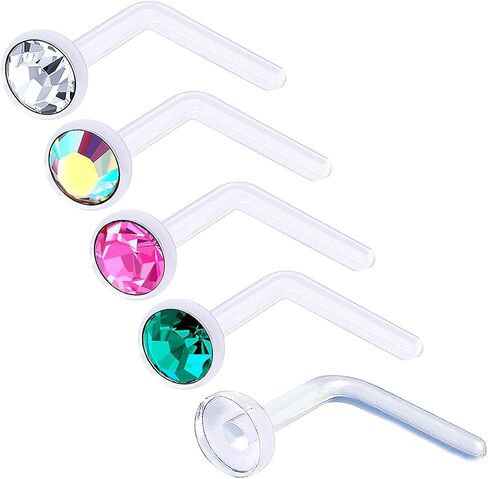 5Pcs 20g 0.8mm Nose Rings L Shaped Bioflex Clear Flexible Nostril Piercing Jewelry 2.5mm Crystal - CL AB RO BZ in Saudi Arabia