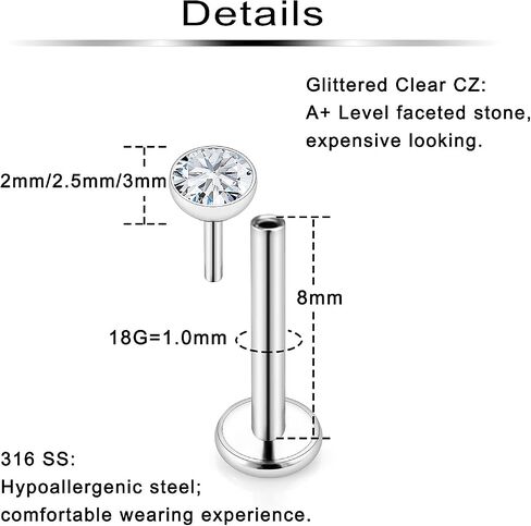 Ftovosyo 20G 18G Threadless Push in Nose Rings Studs Surgical Steel Pushin Nose Stud 2mm 2.5mm 3mm Round Crystal Nose Piercing Jewelry for Women Men in Saudi Arabia