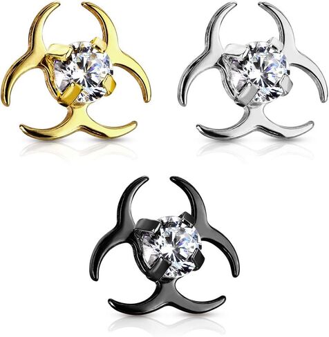 Covet Jewelry Clear CZ Centered Biohazard Symbol Internally Threaded 316L Surgical Steel Dermal Top in Saudi Arabia
