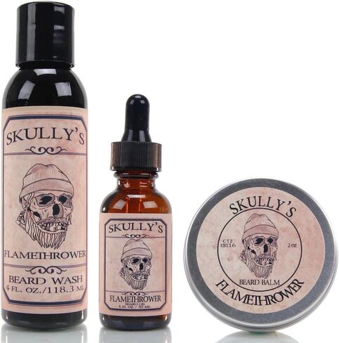 Beard Care Kit for Men - Beard Growth Oil, Beard Balm and Beard Wash for Men (Cinnamon and Clove Scented - Flamethrower Fragrance) by Skully's Beard Oil in Saudi Arabia