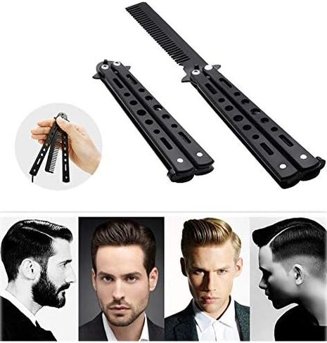 Stainless Steel Beard Comb Men's Hair, Beard and Mustache Styling Comb Steel Practice Training Butterfly Comb (Black) in Saudi Arabia