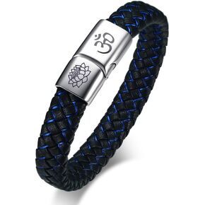 VNOX Buddhism Jewelry Lotus Flower Om Tri-Color Braided Leather Magnetic Clasp Wristband Bracelet,8.3"