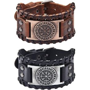 2 PCS Viking Vegvisir Leather Bracelet - Norse Viking Runes Amulet in Saudi Arabia