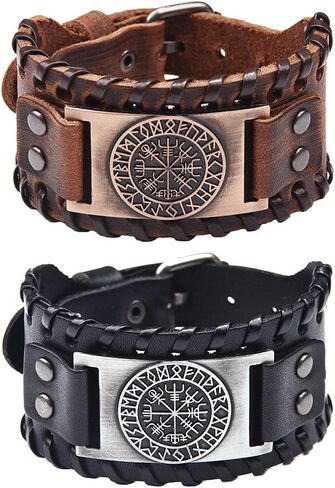 2 PCS Viking Vegvisir Leather Bracelet - Norse Viking Runes Amulet in Saudi Arabia