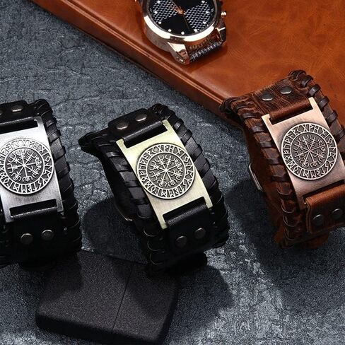 2 PCS Viking Vegvisir Leather Bracelet - Norse Viking Runes Amulet in Saudi Arabia