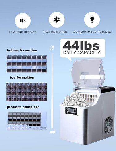 COOLHOME Ice Maker with Self Cleaning, 45Lbs/24H Ice Cube Makers,Stainless Steel Ice Makers Countertop,Tabletop Ice Maker Machine with a Scoop,Perfect for Home Kitchen Office Bar in Saudi Arabia