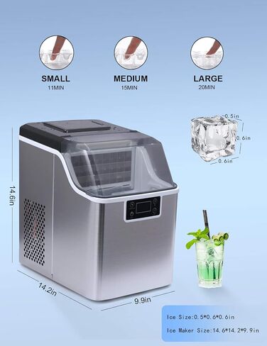 COOLHOME Ice Maker with Self Cleaning, 45Lbs/24H Ice Cube Makers,Stainless Steel Ice Makers Countertop,Tabletop Ice Maker Machine with a Scoop,Perfect for Home Kitchen Office Bar in Saudi Arabia