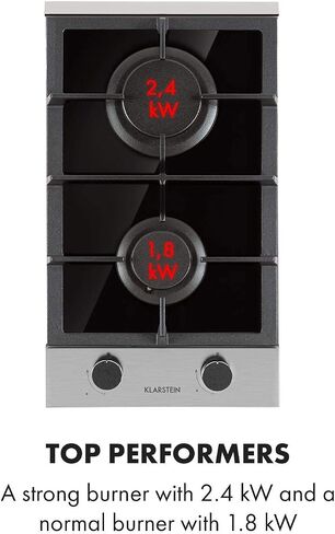 KLARSTEIN Goldflame - Tempered Glass, Gas Cooktop, 2 Burners, 12 Inches Elegant Gas Stove, Glass Ceramic, Natural/Propane Gas, Automatic Switch-Off, Built in & Self-Sufficient, Black in Saudi Arabia