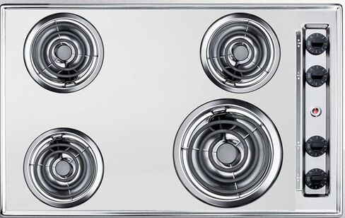 Summit Appliance ZEL05 30" Wide 230V Electric Cooktop in Chrome Fits Popular Cutout Size with 4 Coil Elements, Chrome Drip Bowls, Push-to-turn Controls, Recessed Top, One 8" Burner & Three 6" Burners in Saudi Arabia