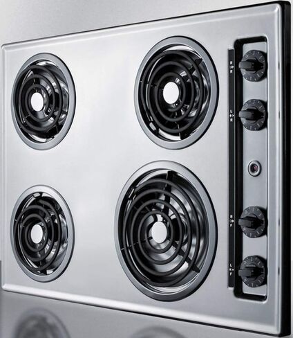 Summit Appliance ZEL05 30" Wide 230V Electric Cooktop in Chrome Fits Popular Cutout Size with 4 Coil Elements, Chrome Drip Bowls, Push-to-turn Controls, Recessed Top, One 8" Burner & Three 6" Burners in Saudi Arabia
