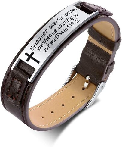 QINGDUO Bible Verses Bracelets Religious Stainless Steel ID+Leather Inspirational Quote Cross Bracelets Faith Christian Bible Verse Wristband Religious Gifts for Men Women Inspirational Bracelets in Kuwait
