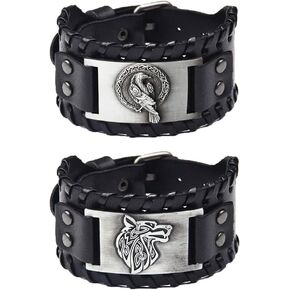 TURTLEDOVE 2 Piece Viking Leather Bracelets - Wolf Fenrir and Odin’s Raven - Medieval Bracelets for Historical in Saudi Arabia