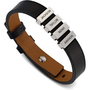MYKA - Mens Black Leather Bracelet with Names - Inscription on Custom Silver Beads - Personalized Jewelry for Men, Husband, Dad, Brother, Grandfather - Gift for Father’s Day, Birthday, Xmas, Christmas, Summer, Valentine’s Day, Love Day in Kuwait