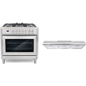 Cosmo F965 36 بوصة. نطاق غاز الوقود المزدوج مع 5 شعلات محكمة الغلق، تصميم داخلي من البورسلين الأسود من الفولاذ المقاوم للصدأ وCOS-5MU36 36 بوصة. غطاء نطاق تحت الخزانة قابل للتحويل بدون قنوات، 36 بوصة in Kuwait