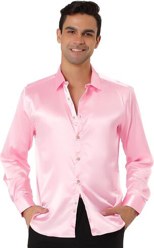 Lars Amadeus Men's Dress Satin V Neck Long Sleeves Button Down Slim Fit Prom Party Shirts in Kuwait