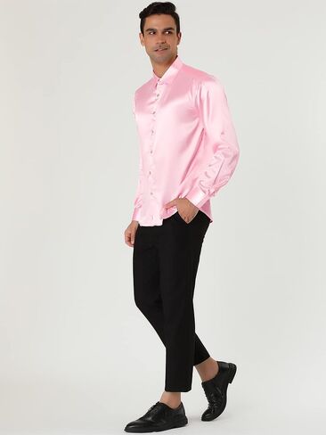 Lars Amadeus Men's Dress Satin V Neck Long Sleeves Button Down Slim Fit Prom Party Shirts in Kuwait
