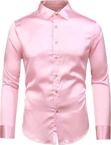Lars Amadeus Men's Dress Satin V Neck Long Sleeves Button Down Slim Fit Prom Party Shirts in Kuwait