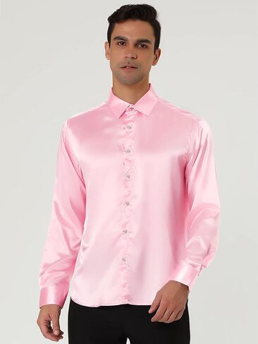 Lars Amadeus Men's Dress Satin V Neck Long Sleeves Button Down Slim Fit Prom Party Shirts in Kuwait