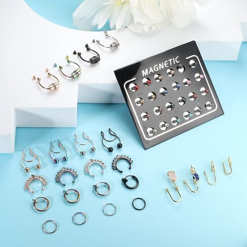 FASACCO Fake Nose Rings Magnetic Nose Ring Fake Magnetic Septum Nose Stud Rings Non-Piercing Clip on Nose Cuffs Stainless Steel Fake Nose Hoop Rings Fake Nose Rings for Women Men in Saudi Arabia