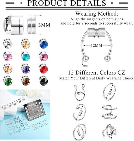FASACCO Fake Nose Rings Magnetic Nose Ring Fake Magnetic Septum Nose Stud Rings Non-Piercing Clip on Nose Cuffs Stainless Steel Fake Nose Hoop Rings Fake Nose Rings for Women Men in Saudi Arabia
