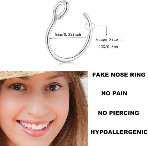 Earmark 20G 5Pcs Adjustable 8MM Fake Nose Rings Hoop in High Polished Surgical Steel | Diameter 8MM | Color Gold - Silver - Black - Rainbow in Saudi Arabia