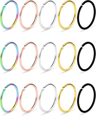 Dyknasz 15-30Pcs 22-18G Nose Rings Hoop Surgical Steel Fake Nose Ring Tragus Cartilage Helix Piercing Earring Hoops Septum Lip Ring 6-14MM for Women Men in Kuwait