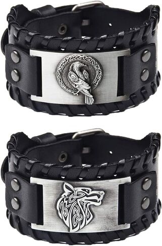 TURTLEDOVE 2 Piece Viking Leather Bracelets - Wolf Fenrir and Odin’s Raven - Medieval Bracelets for Historical in Saudi Arabia