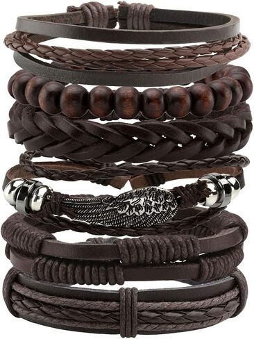 Manfnee 6PCS Braided Faux Leather Bracelet Punk Cuff Wrap Bracelets for Men Women Adjustable Brown in Saudi Arabia